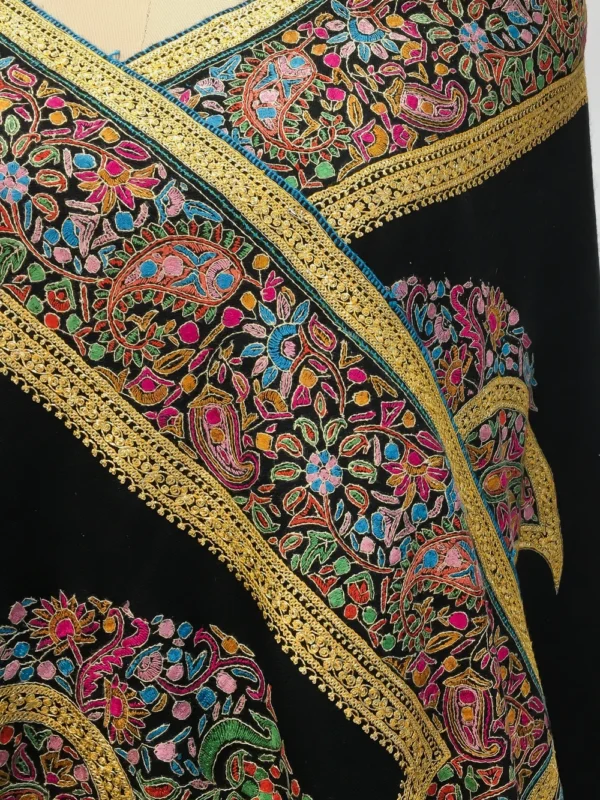 Black Pure Pashmina Shawl With Tilla And Thread Hand Embroidery Front
