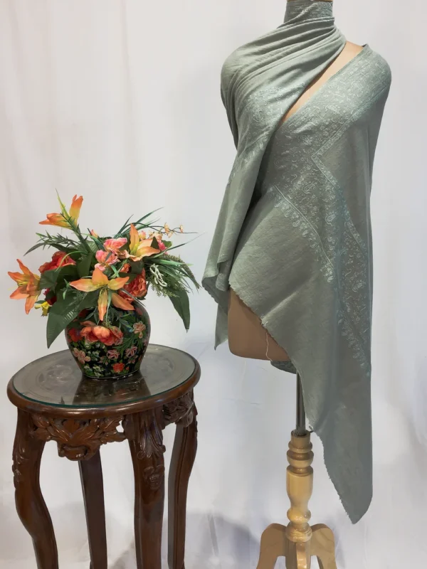 Sage Green Pure Pashmina Shawl With Thread Hand Embroidery