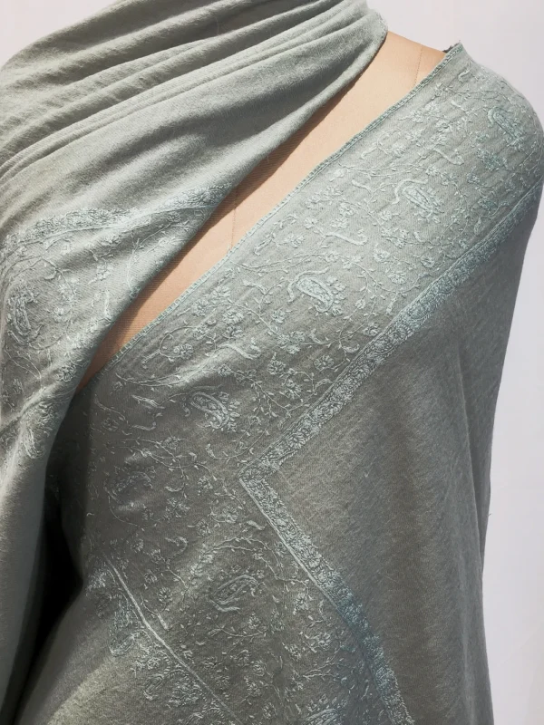 Sage Green Pure Pashmina Shawl With Thread Hand Embroidery Front
