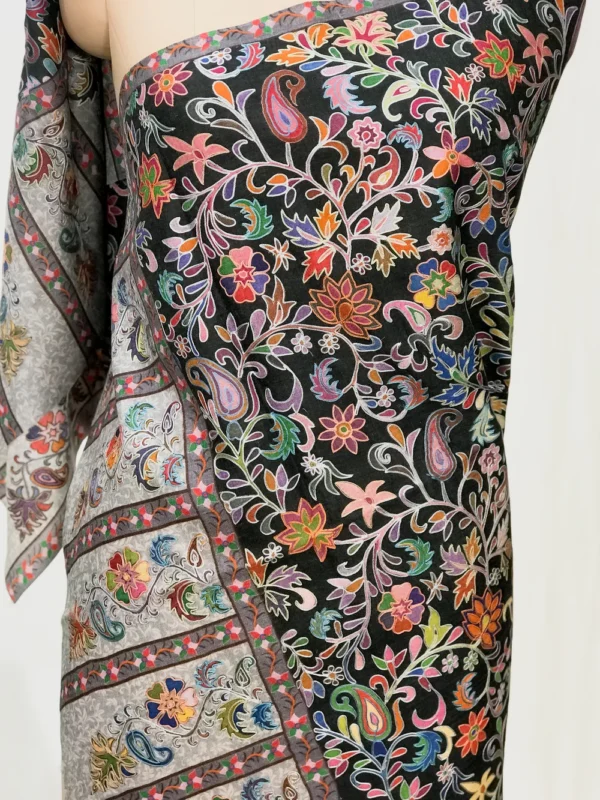 Black Floral Wool Kalamkari Scarf front