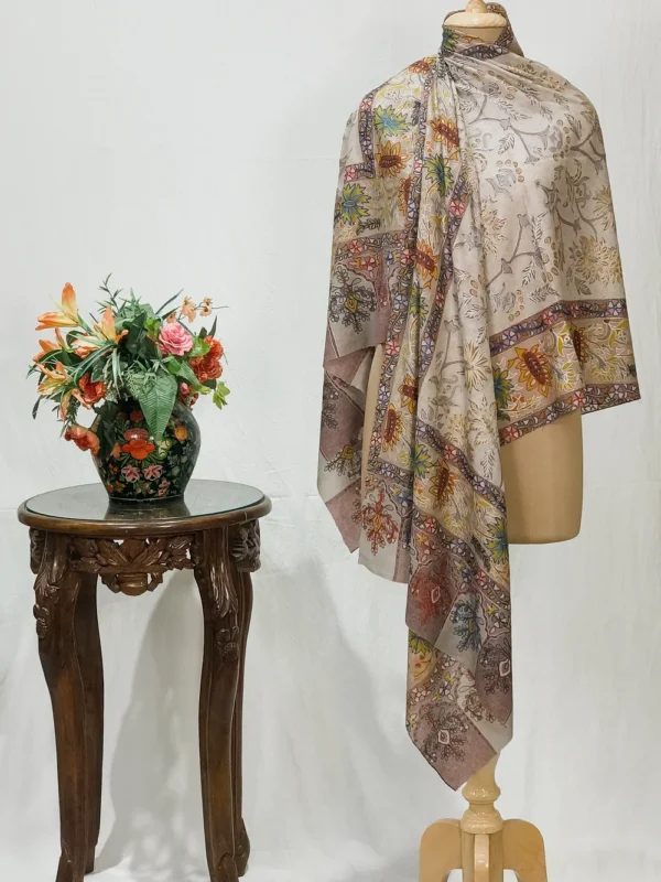 Beige Fine Wool Kalamkari Stole with Pastel Multi-Colour Embroidery