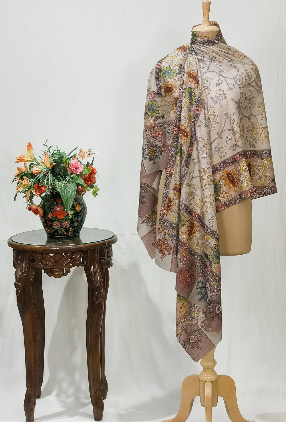 Beige Fine Wool Kalamkari Stole with Pastel Multi-Colour Embroidery