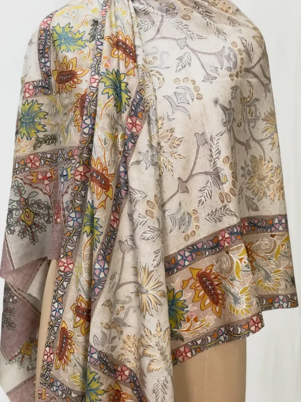 Beige Fine Wool Kalamkari Stole with Pastel Multi-Colour Embroidery front