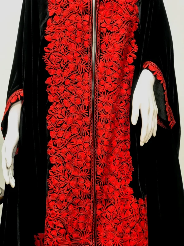 Black Velvet Cape with Red Thread Work close up