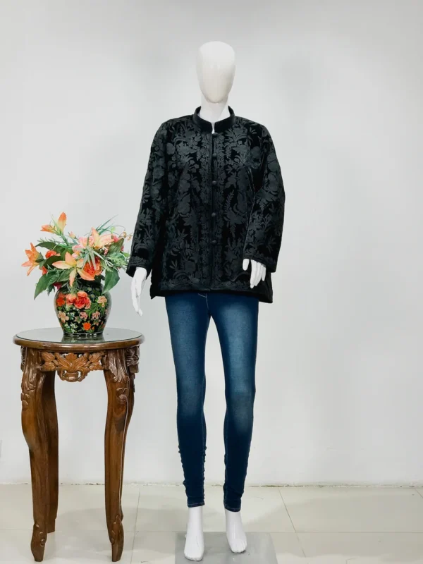 Black Velvet Jacket with Self Floral Embroidery