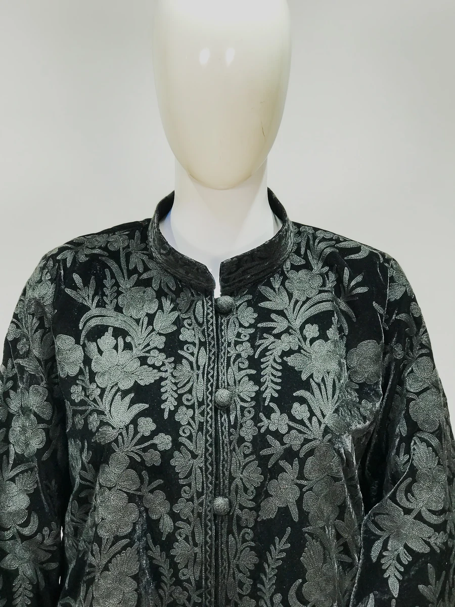 Black Velvet Jacket with Self Floral Embroidery close up