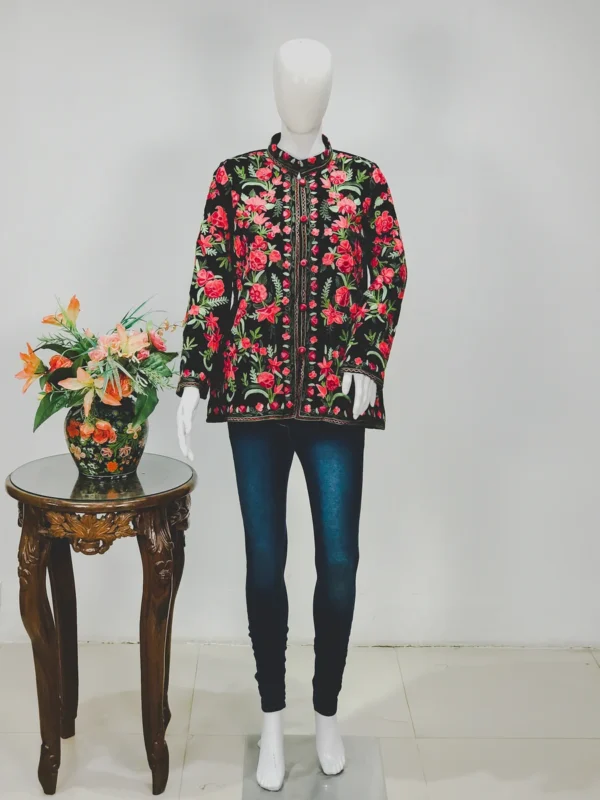 Black Short Jacket with Rich Floral Embroidery