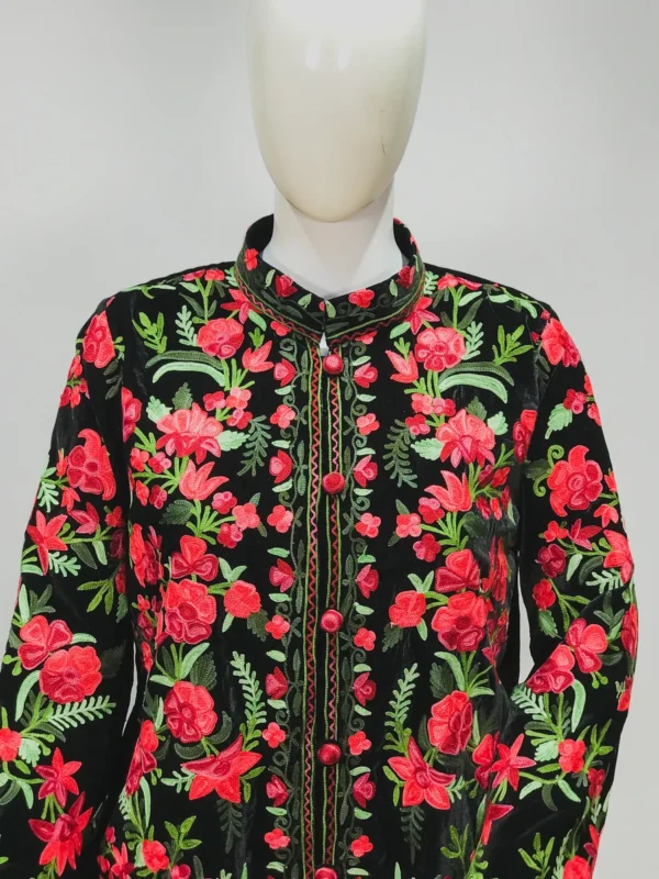 Black Short Jacket with Rich Floral Embroidery close up