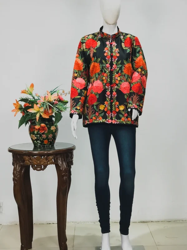 Black Short Jacket with Bold Floral Embroidery