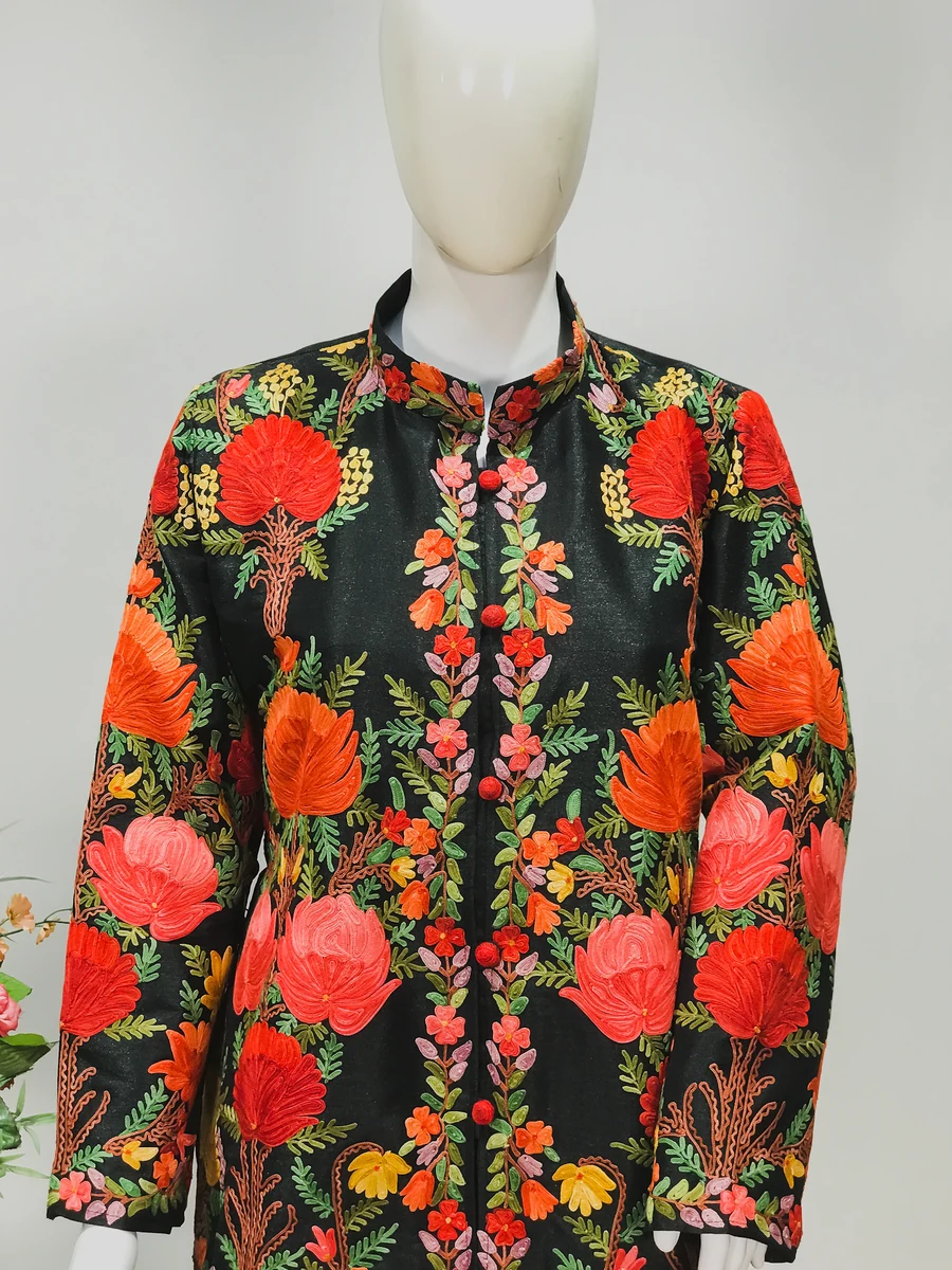 Black Short Jacket with Bold Floral Embroidery closeup