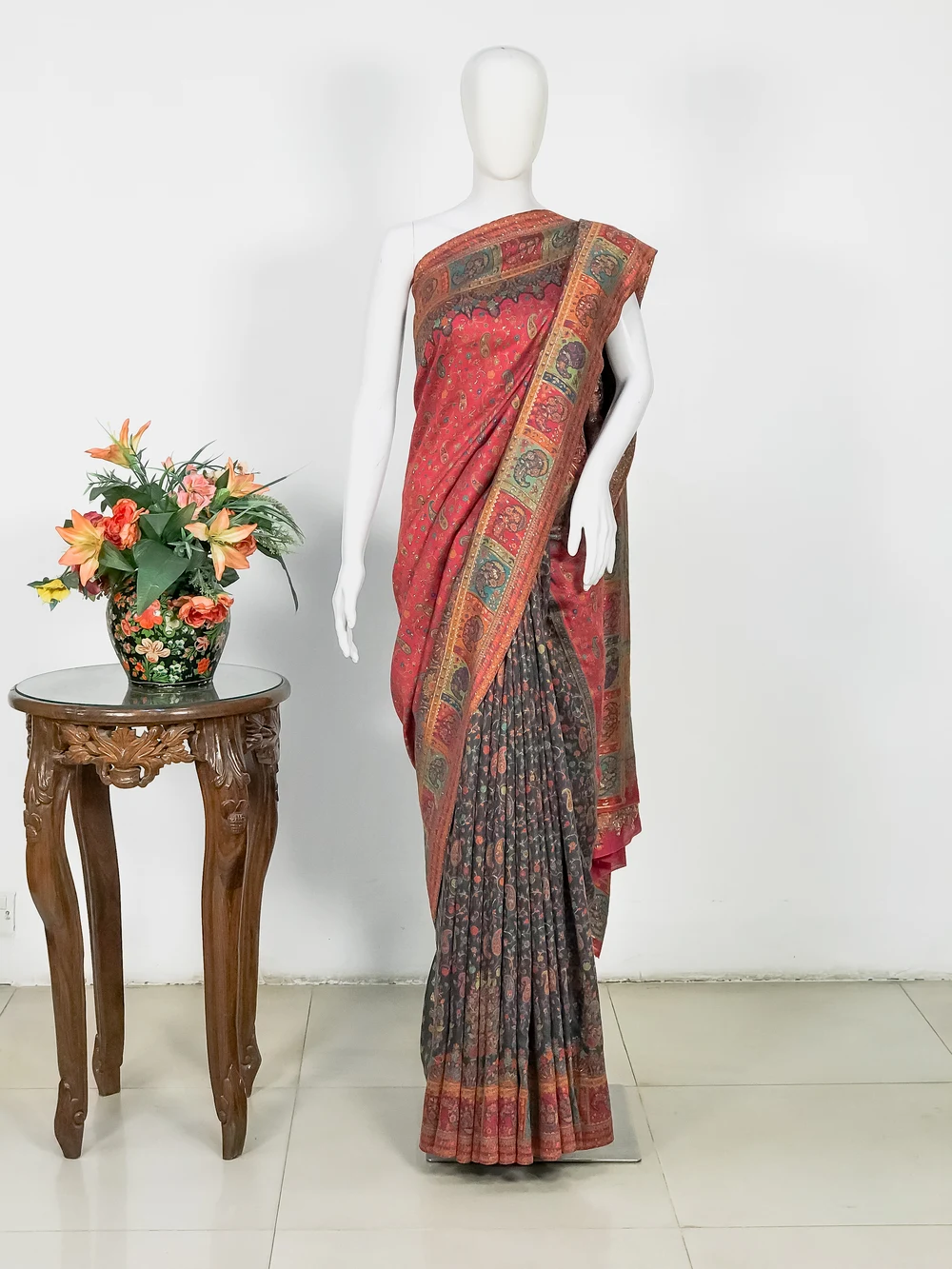 Grey and pink Modal Silk Kani Saree with Paisley Pallu Design