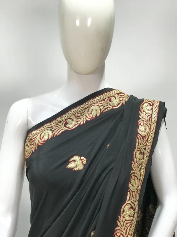 Black Crepe Tilla Emroidered Saree with Aari Highlighting Front