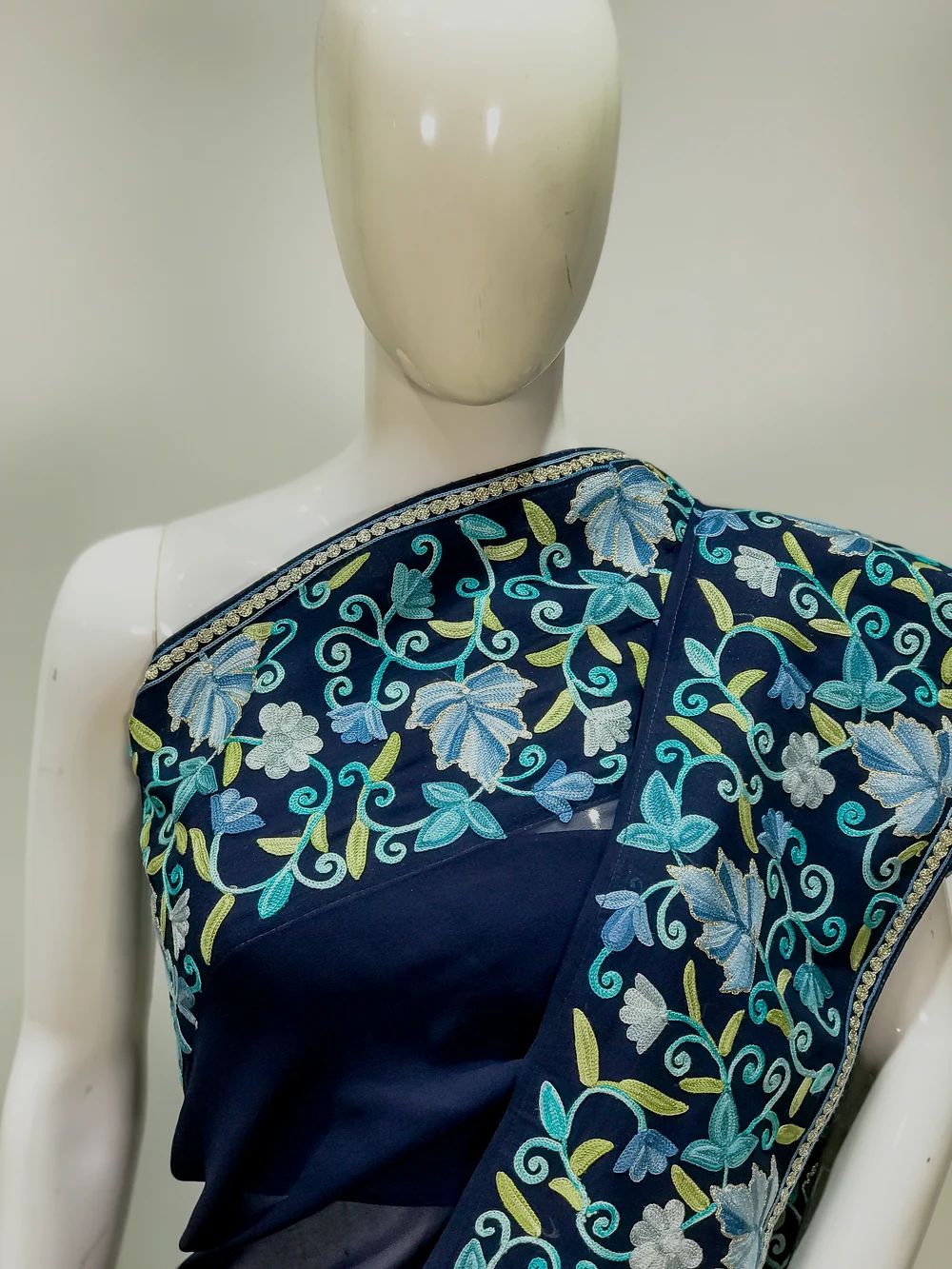 Navy Blue Georgette Saree with Tilla Highlighting and Floral Border Work Front