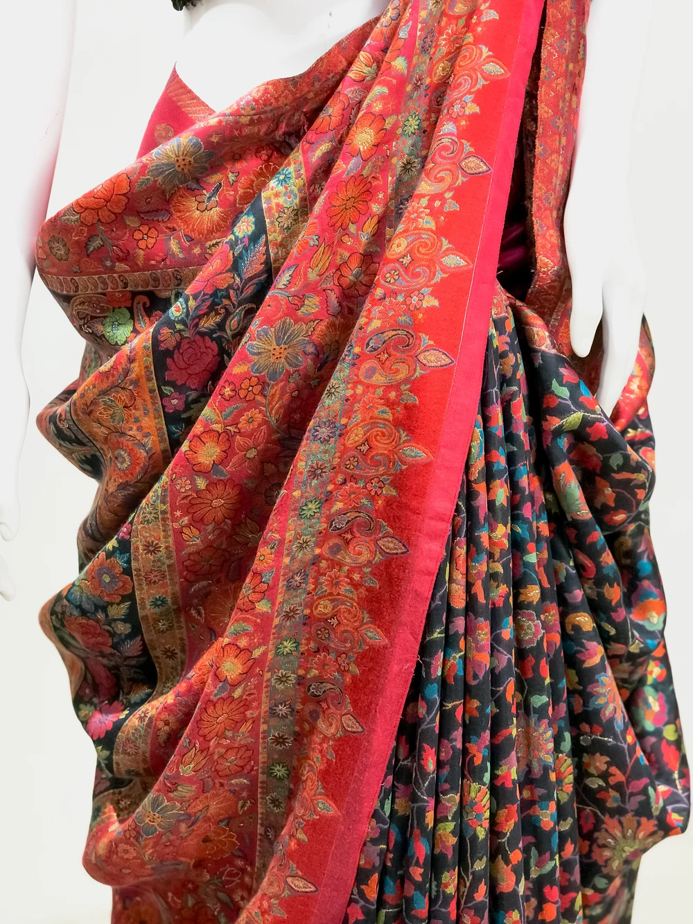 Black Modal Silk Kani Saree with Floral Pink Pallu Front