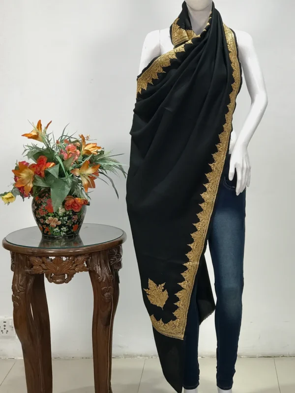 Black Pure Wool Stole with Tilla Hand Work