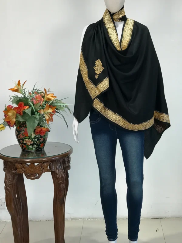 Black Pure Wool Stole with Paisley Hand Tilla Work