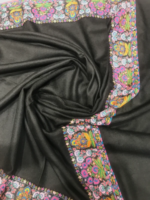 Black Pure Pashmina Shawl With Papier Mache Hand Embroidery Pasted Palla Front