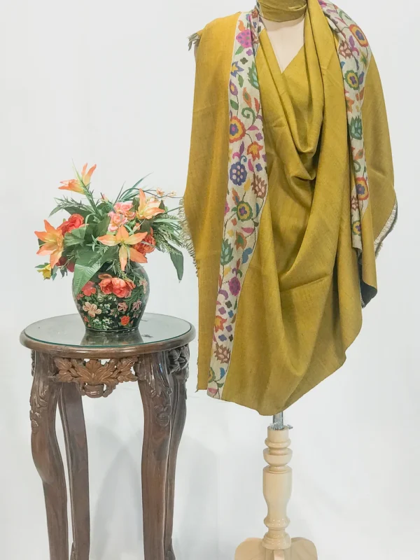Canary Yellow And Cedar Brown Pure Pashmina Reversible Shawl With Kani Hand Woven Palla