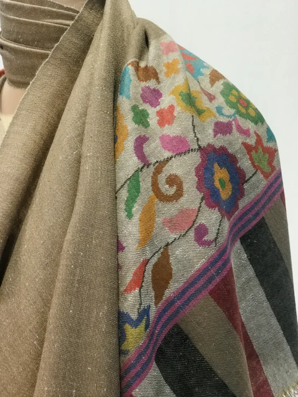 Tan Brown And Light Brown Pure Pashmina Reversible Shawl With Kani Hand Woven Palla Front