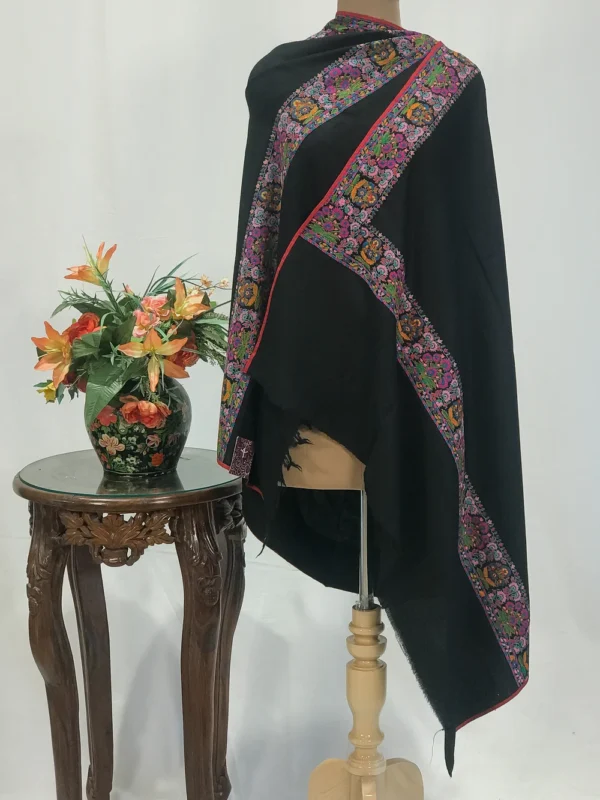Black Pure Pashmina Shawl With Papier Mache Hand Embroidery Pasted Palla