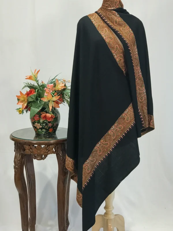Black Pure Pashmina Shawl With Sozni Hand Embroidery