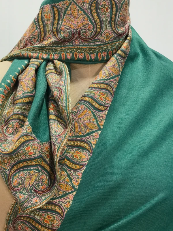 Shamrock Green Pure Pashmina Shawl With Sozni Hand Embroidery Front