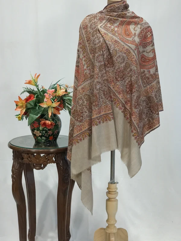 Beige Pure Pashmina Shawl With Sozni Jaal Hand Embroidery