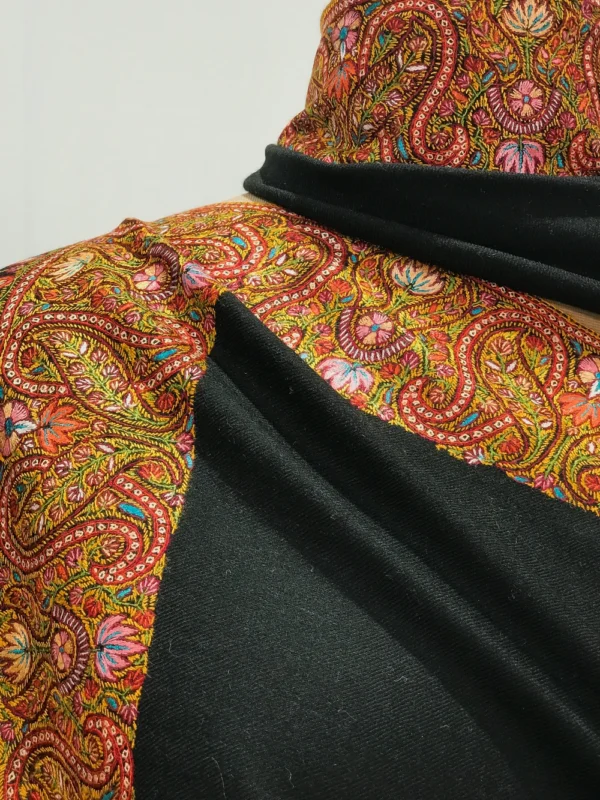 Black Pure Pashmina Shawl With Sozni Hand Embroidery Persuaded From Chinar And Paisley Motif Front