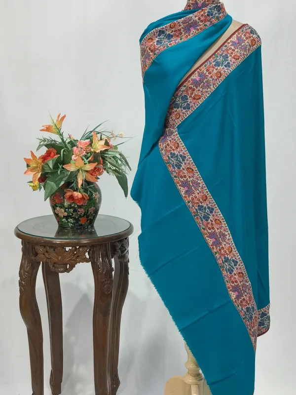Turquoise Blue Pure Pashmina Shawl With Papier Mache Hand Embroidery Pasted Border