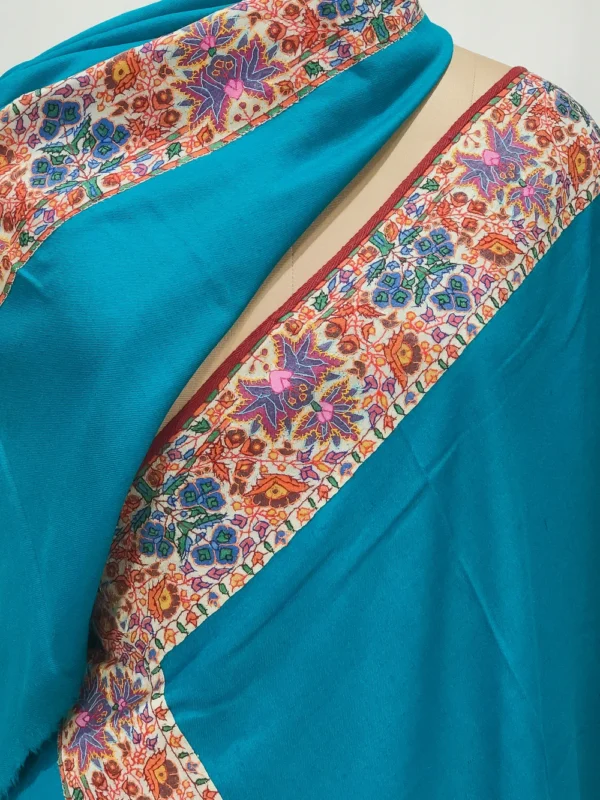 Turquoise Blue Pure Pashmina Shawl With Papier Mache Hand Embroidery Pasted Border Front