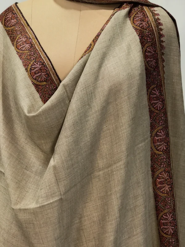 Tan Beige Pure Pashmina Shawl With Sozni Hand Embroidery Front