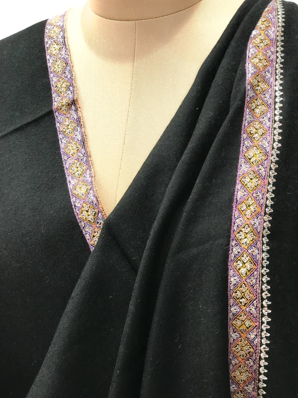 Ebony Black Pure Pashmina Shawl With Sozni Hand Embroidery close up border