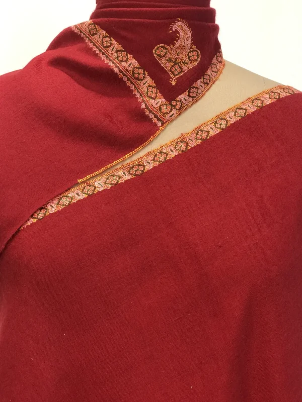 Carmine Maroon Pure Pashmina Shawl With Sozni Hand Embroidery Front