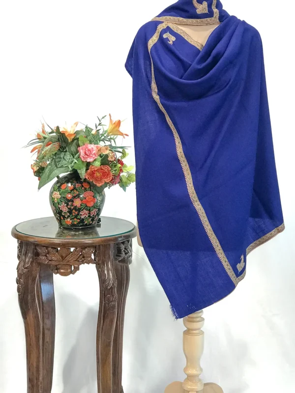 Azure Blue Pure Pashmina Shawl With Sozni Hand Embroidery