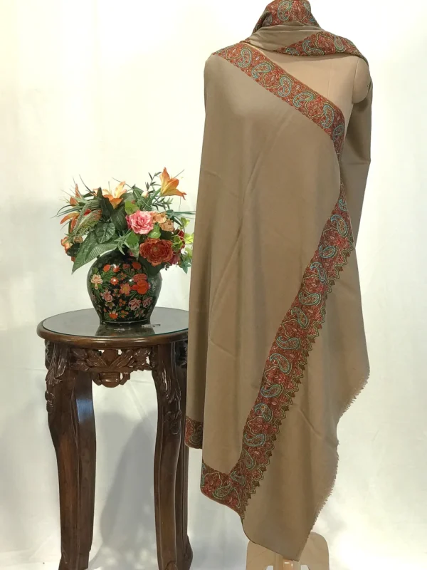 Hazelwood Beige Pure Pashmina Shawl With Sozni Hand Embroidery