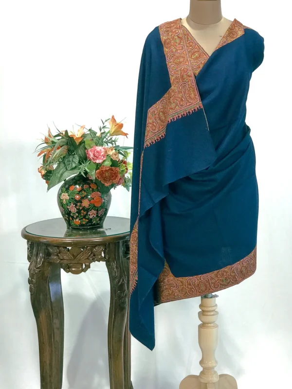 Aqua Blue Pure Pashmina Shawl With Sozni Hand Embroidery