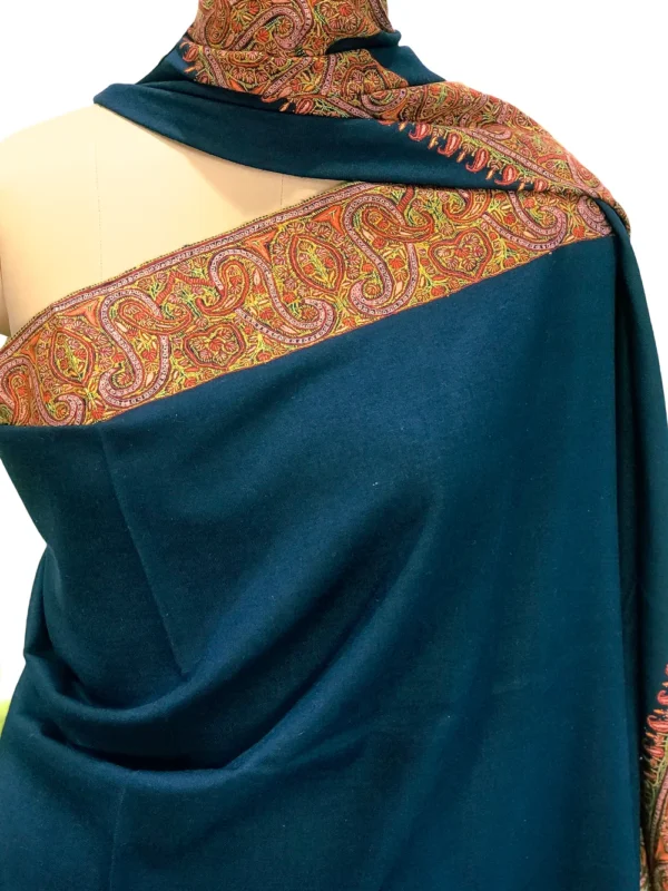 Aqua Blue Pure Pashmina Shawl With Sozni Hand Embroidery Front