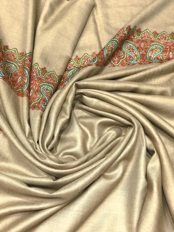 Hazelwood Beige Pure Pashmina Shawl With Sozni Hand Embroidery Front