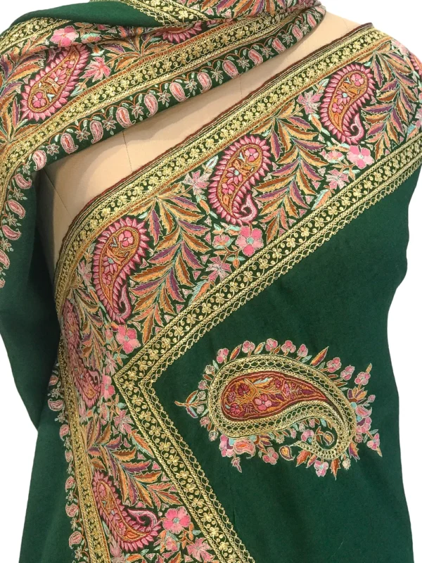 Green Pure Pashmina Shawl With Papier Mache And Tilla Hand Embroidery Fusion Front