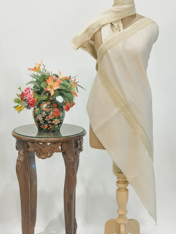 Natural White Pure Pashmina Shawl With Tilla Hand Embroidery
