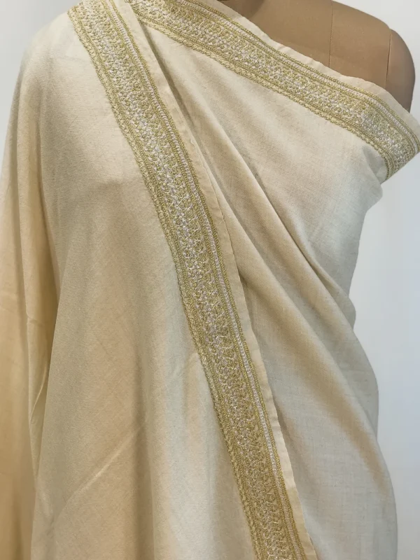 Natural White Pure Pashmina Shawl With Tilla Hand Embroidery Front