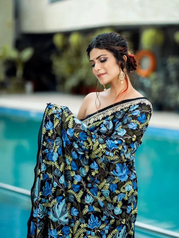 Black Saree with Chinar Jaal Embroidery close up