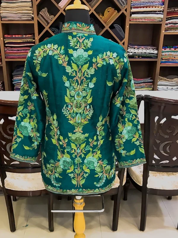 Green Jacket with Monochromatic Floral Embroidery back view