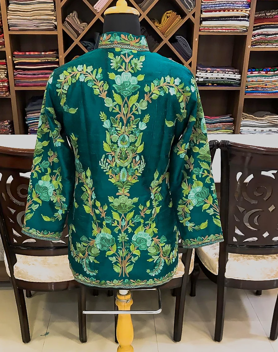 Green Jacket with Monochromatic Floral Embroidery back view