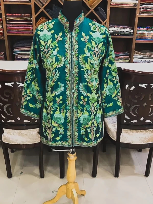 Green Jacket with Monochromatic Floral Embroidery
