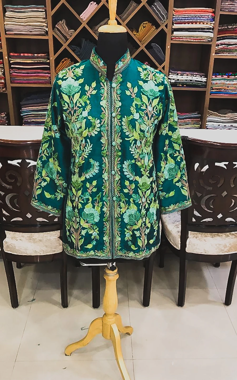 Green Jacket with Monochromatic Floral Embroidery