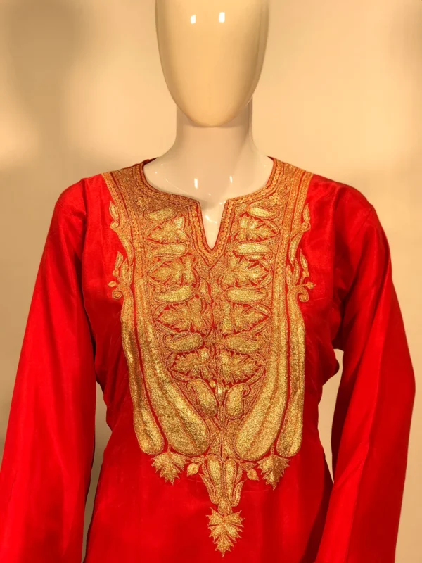 Red Pure Silk Salwar Suit with Tilla Embroidery Close up