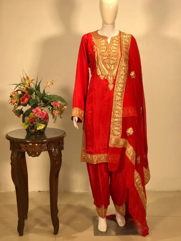 Red Pure Silk Salwar Suit with Tilla Embroidery