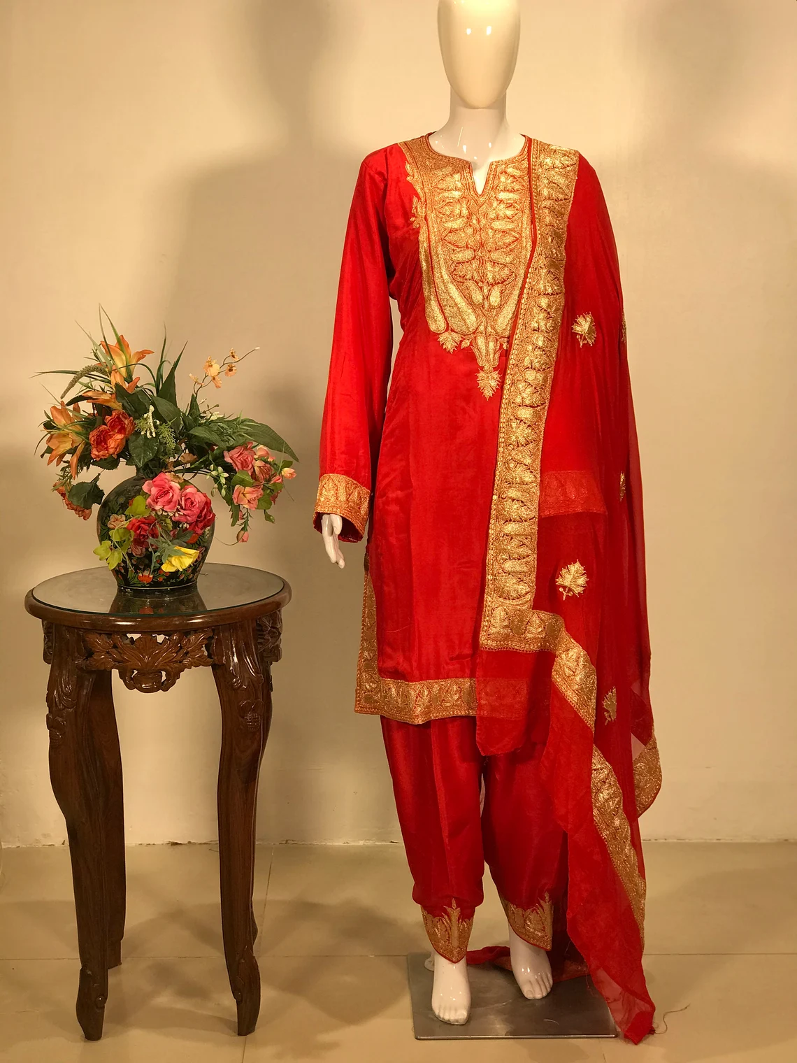 Red Pure Silk Salwar Suit with Tilla Embroidery