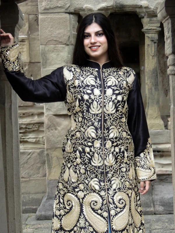 Black Kashmiri Jacket With Chinar Jaal Tilla Embroidery Front